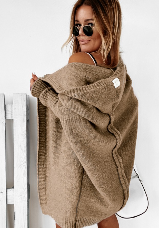 Długi kardigan oversize z kapturem z wełną Montevista brązowy