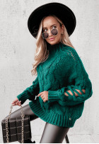 Sweter z ozdobnym splotem Cocomore Casual butelkowa zieleń