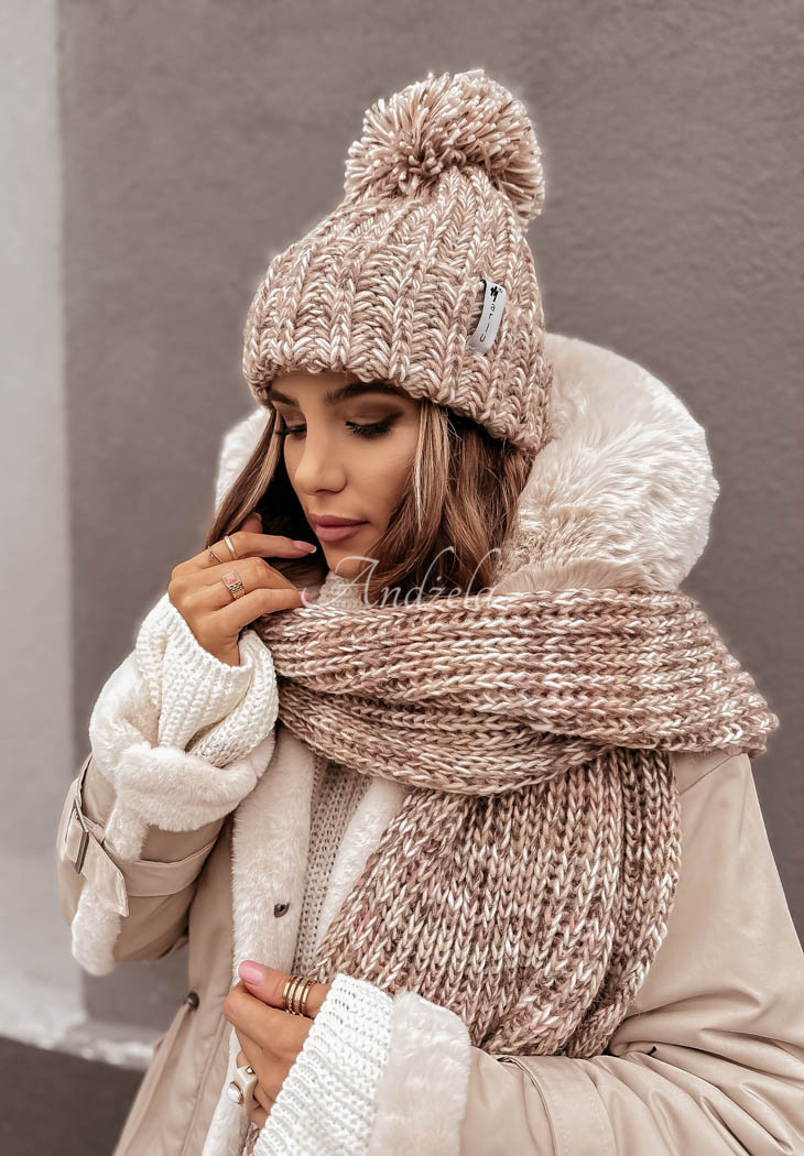 Pleciony szal z wełną Laponia mokka-ecru