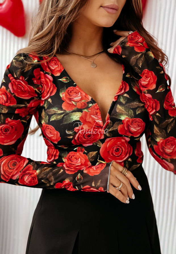 Bluză Roses Are Red cu imprimeu floral și decolteu