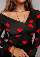 Bluză na jedno ramię w serca Pure Love negru-roșie