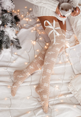 Șosete de Crăciun peste genunchi White Christmas cu fundițe