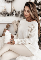 Pulover oversize cu modele Snowflake Forest ecru