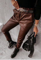 Pantaloni  z imitacji skóry z paskiem Sevigne czekoladowe 