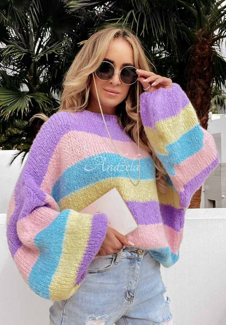 Pulover oversize Colored Punch cu model în dungi