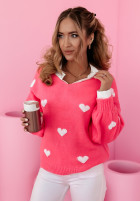 Pulover oversize w serca Hearts All Over roz neon