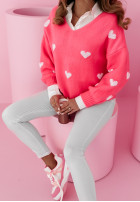 Pulover oversize w serca Hearts All Over roz neon