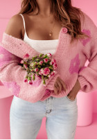 Cardigan oversize w kwiaty Be My Flower roz pudră