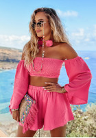Scurtă muślinowa Bluză Cu croială spaniolă Aloha Beaches roz