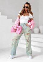 Pantaloni din denim wide leg z przetarciami Rose Drops albastru deschis