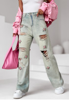 Pantaloni din denim wide leg z przetarciami Rose Drops albastru deschis