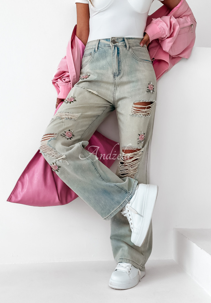 Blugi wide leg din denim Rose Drops cu abraziuni