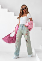 Pantaloni din denim wide leg z przetarciami Rose Drops albastru deschis