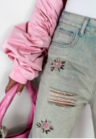 Pantaloni din denim wide leg z przetarciami Rose Drops albastru deschis