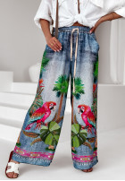 din material textil Pantaloni wide leg cu modele Jungle Expression albastre