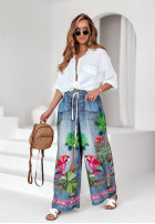 din material textil Pantaloni wide leg cu modele Jungle Expression albastre