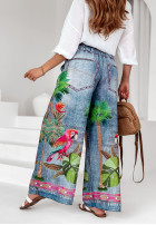 din material textil Pantaloni wide leg cu modele Jungle Expression albastre