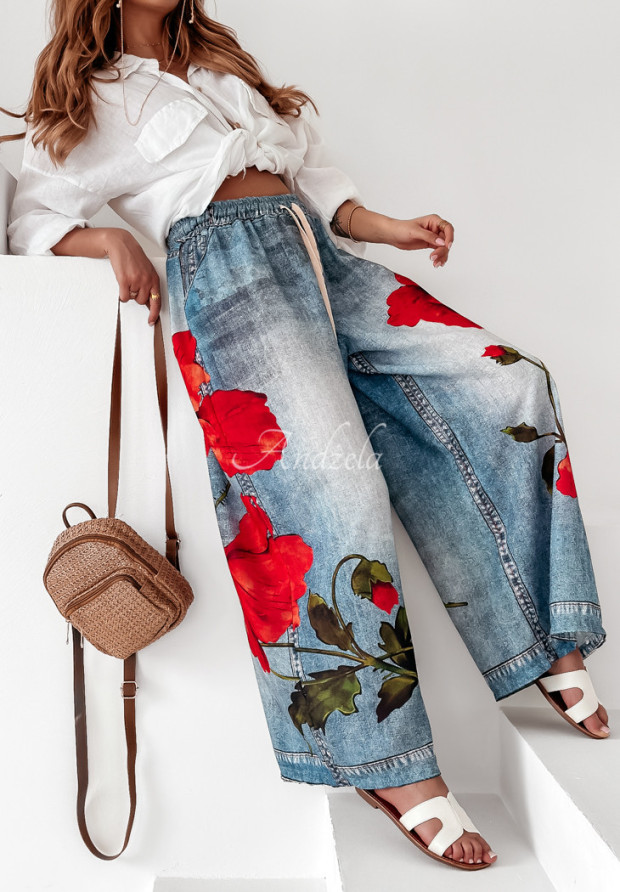 Pantaloni wide leg din material Poppy View cu imprimeu