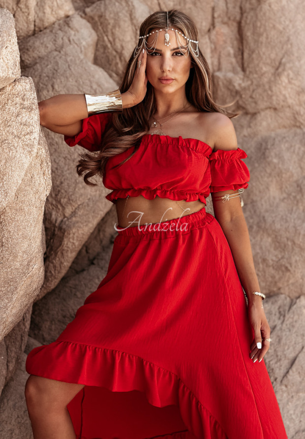 Compleu Darling Delight format din bluză spaniolă și fustă asimetrică roșu