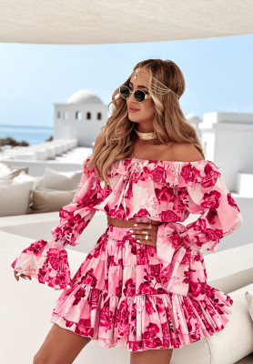 Compleu cu imprimeu floral Paradise Babe format din bluză și fustă-pantalon cu volănașe