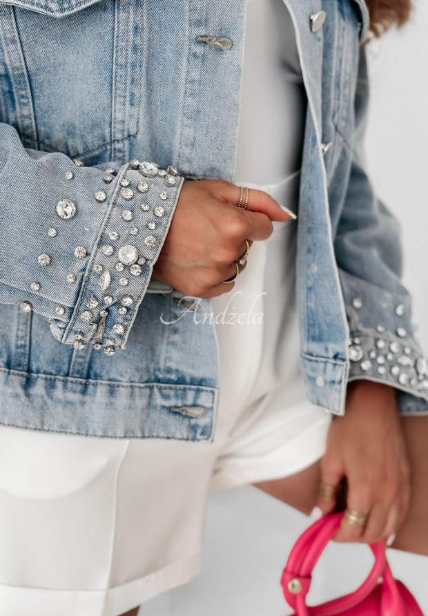Jachetă scurtă din denim Diamond Dreams cu strasuri decorative și dantelă
