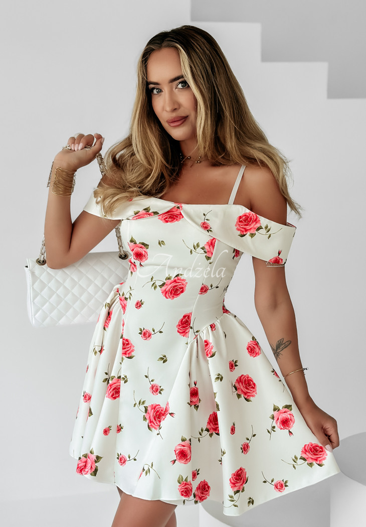 Rochie spaniolă evazată Floral Vibes cu imprimeu floral ecru