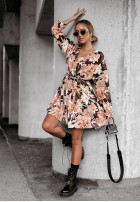 Wzorzysta Rochie z wiązaniem Florals beżowo-negru