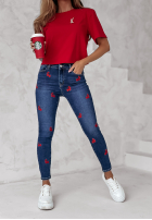 Pantaloni din denim w wisienki Be My Cherry ciemnoniebieskie