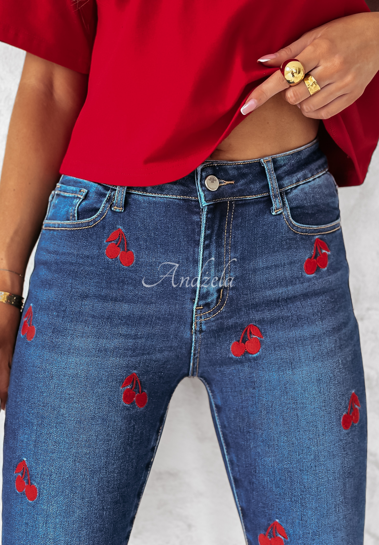 Blugi din denim Be My Cherry cu vișine