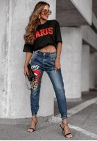 Pantaloni din denim z nadrukiem Rebel Lady ciemnoniebieskie