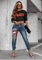 Pantaloni din denim z nadrukiem Rebel Lady ciemnoniebieskie