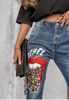 Pantaloni din denim z nadrukiem Rebel Lady ciemnoniebieskie