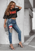 Pantaloni din denim z nadrukiem Rebel Lady ciemnoniebieskie