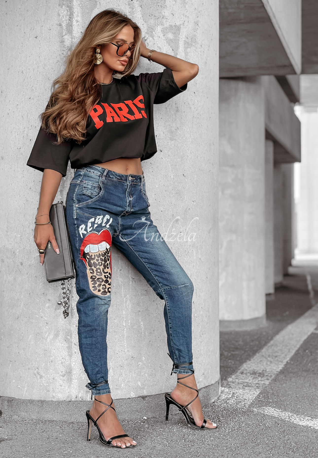 Blugi din denim Rebel Lady cu imprimeu