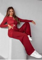 Compleu prążkowana Bluză i Pantaloni wide leg Don’t Stop burgundowy