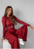 Compleu prążkowana Bluză i Pantaloni wide leg Don’t Stop burgundowy