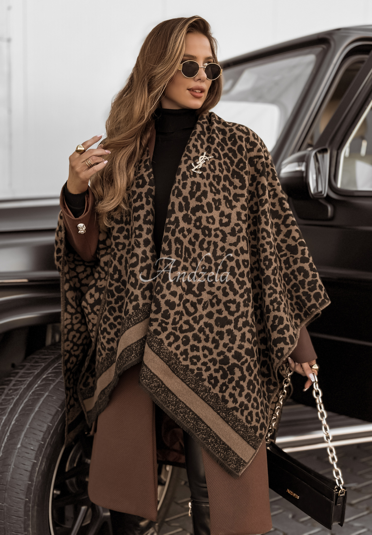 Eșarfă poncho oversize cu lână Hey There cu imprimeu leopard