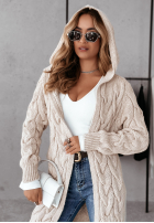 Długi ozdobnie pleciony Cardigan z kapturem Chilly Weather bej