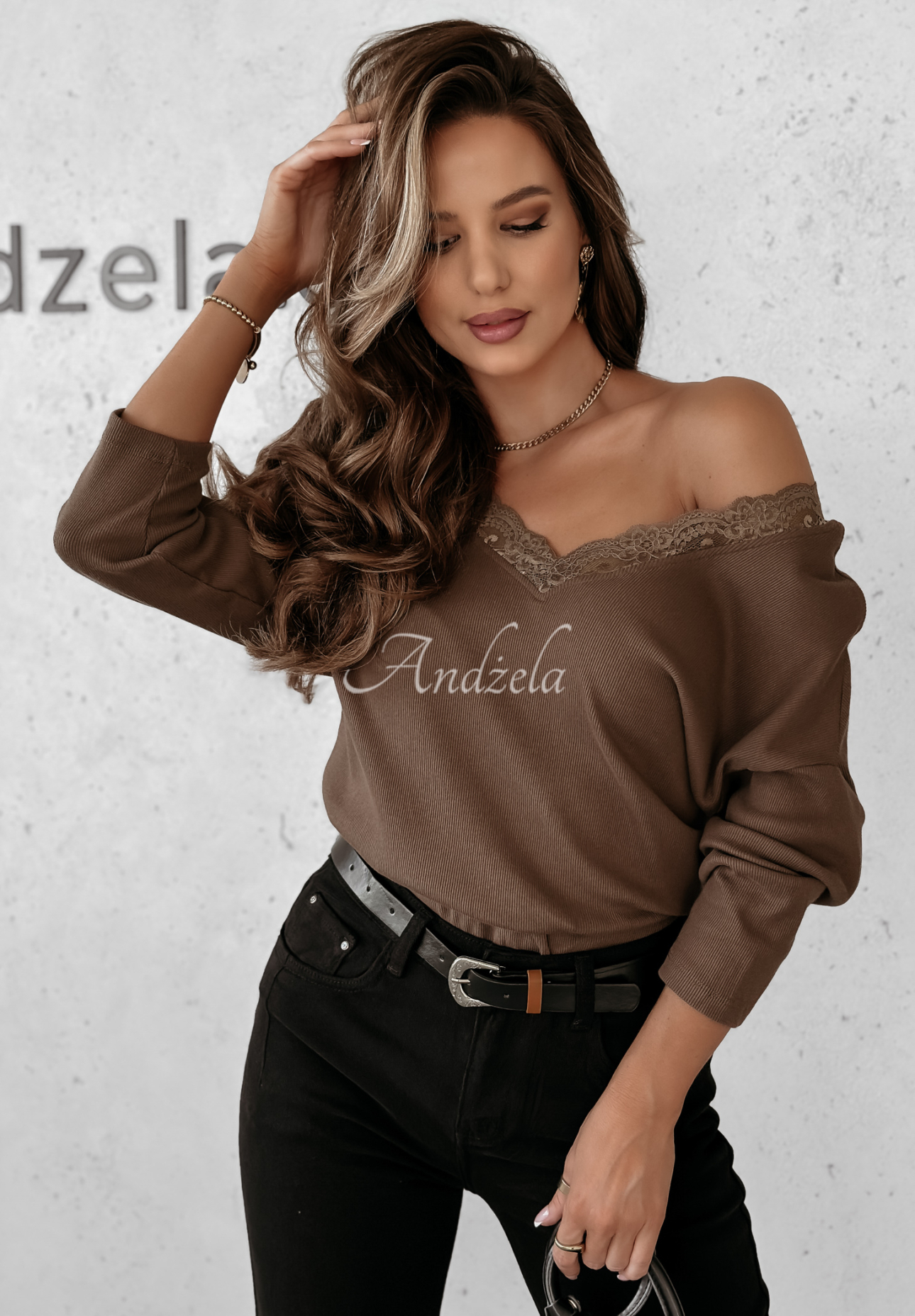 Bluză din material striat Lace Craft cu dantelă