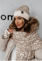 Compleu Căciulă, szalik, Mănuși 3in1 cu model tip panteră Wild Winter ecru