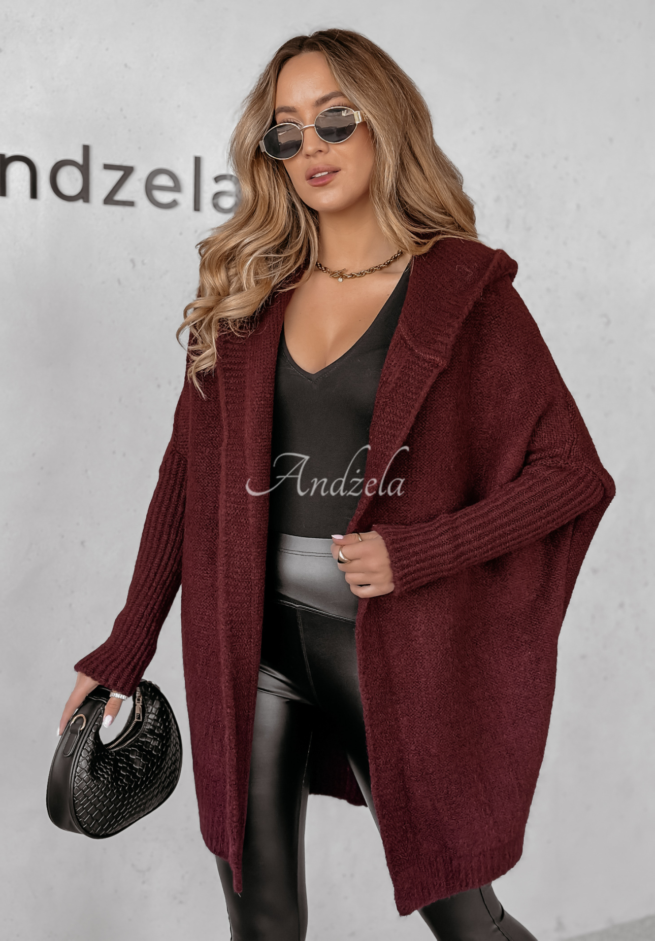 Cardigan lung oversize cu glugă, cu lână Montevista