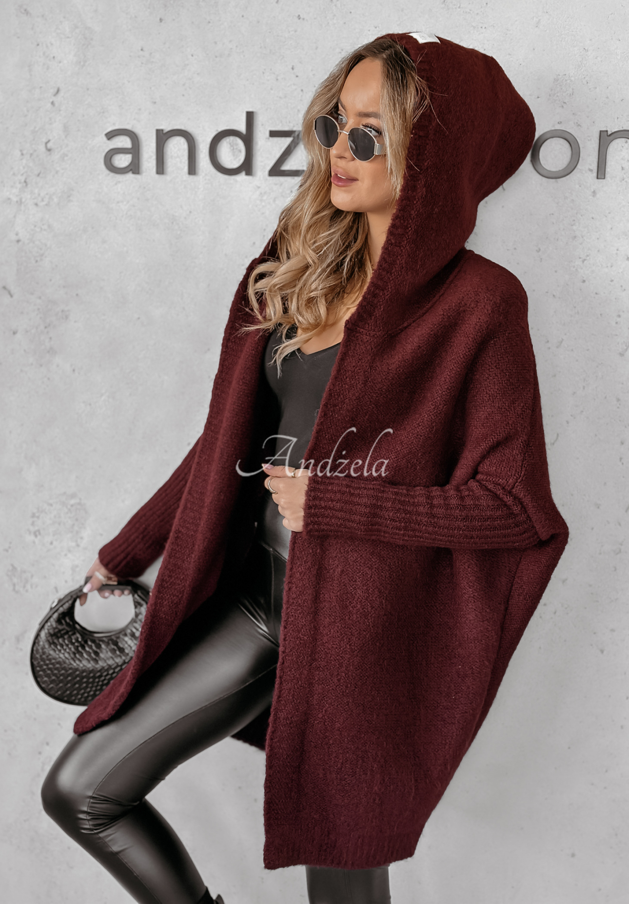 Cardigan lung oversize cu glugă, cu lână Montevista