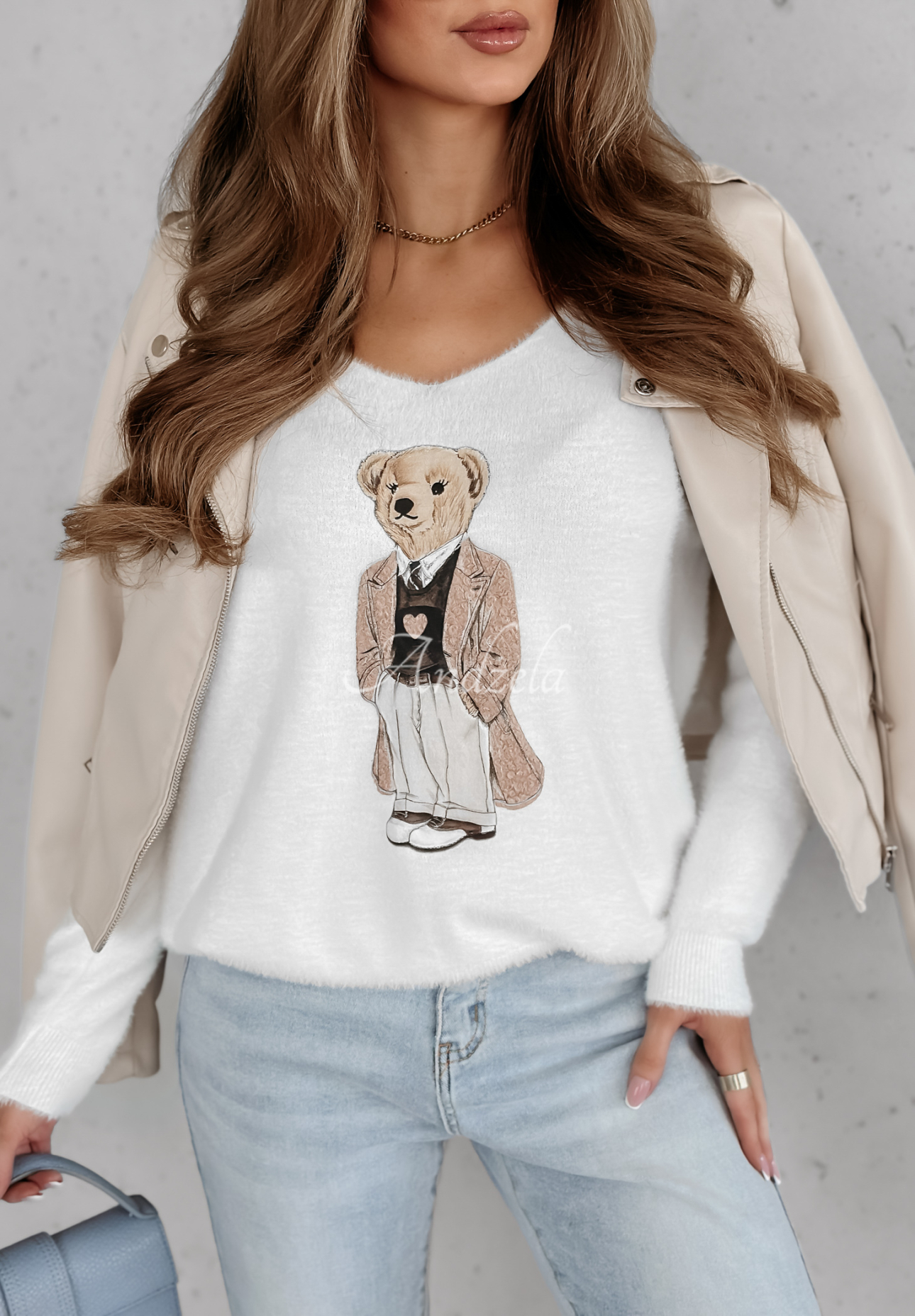 Pulover oversize Casual Teddy cu ursuleț