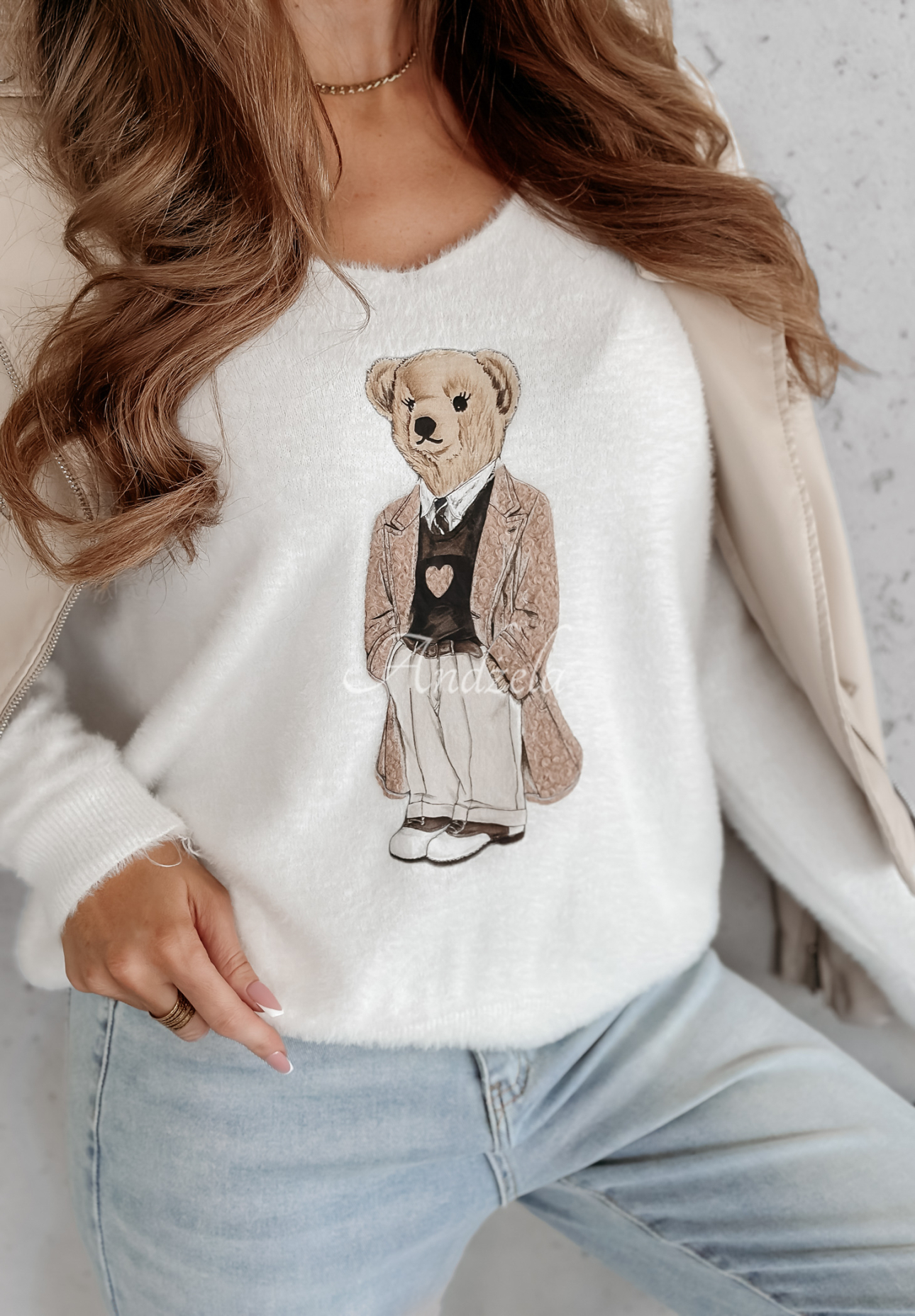 Pulover oversize Casual Teddy cu ursuleț