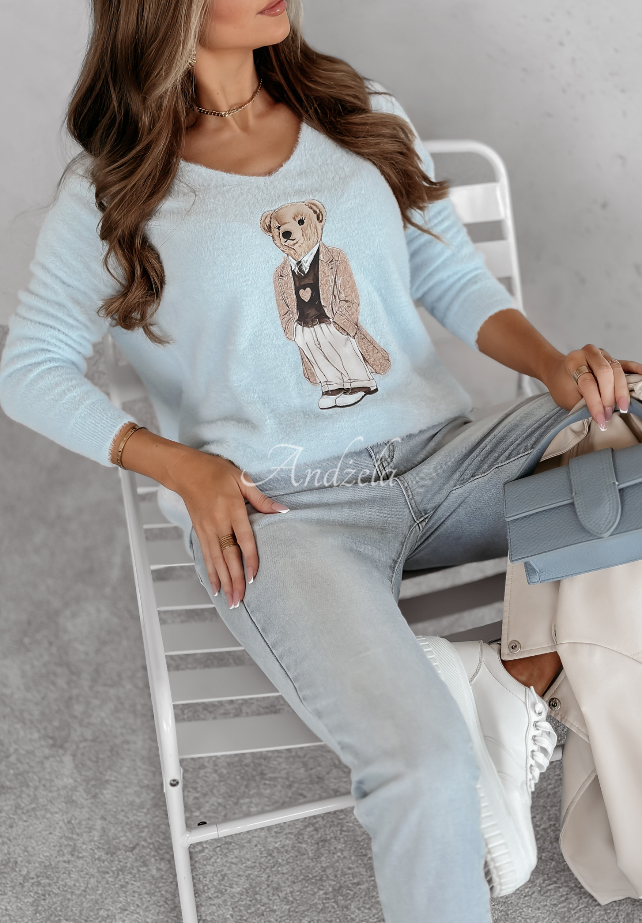 Pulover oversize Casual Teddy cu ursuleț