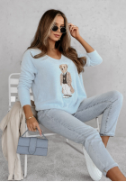 Pulover oversize z misiem Casual Teddy albastru azuriu