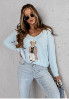 Pulover oversize z misiem Casual Teddy albastru azuriu