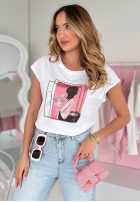 Tricou z nadrukiem Magazine biało-roz