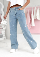 Pantaloni din denim z haftami Flowers And Stars albastre