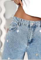 Pantaloni din denim z haftami Flowers And Stars albastre